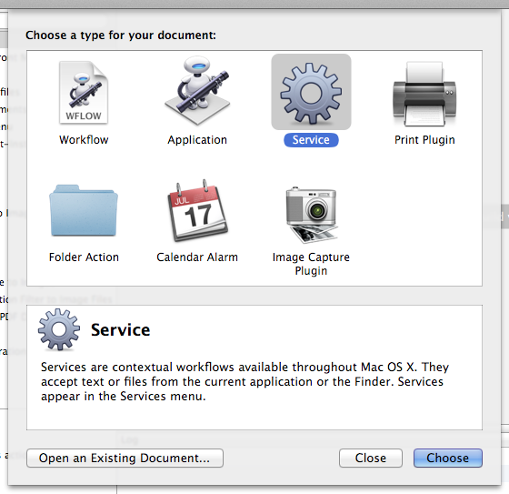Die Startansicht von Automator mit ausgewähltem Services